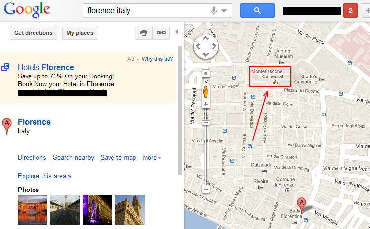 Google Maps: shows the Duomo of Montefiascone instead of the right Florence Duomo :-)
